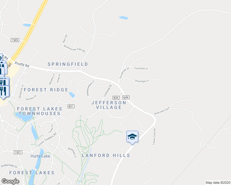 map of restaurants, bars, coffee shops, grocery stores, and more near 2003 Jefferson Court in Charlottesville