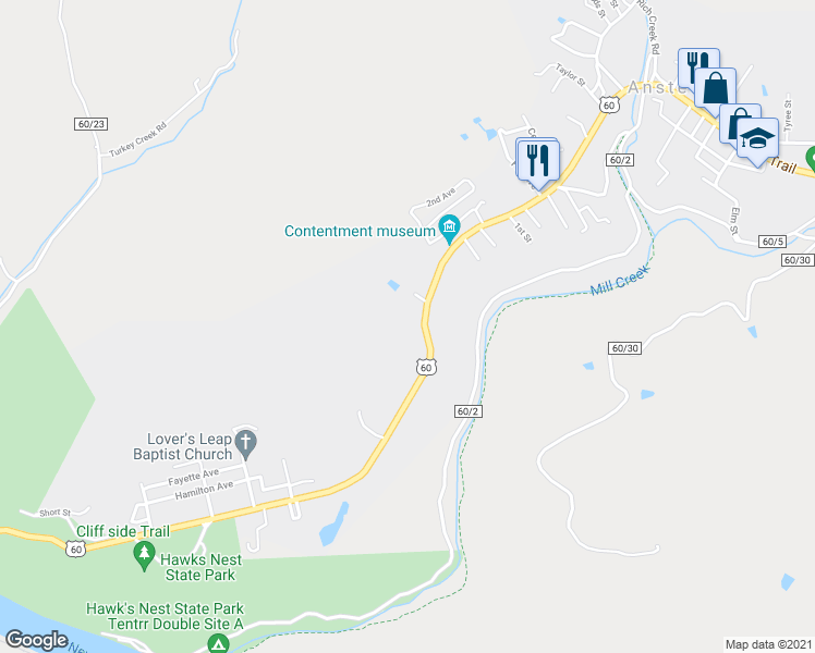 map of restaurants, bars, coffee shops, grocery stores, and more near 19117 Midland Trail in Ansted