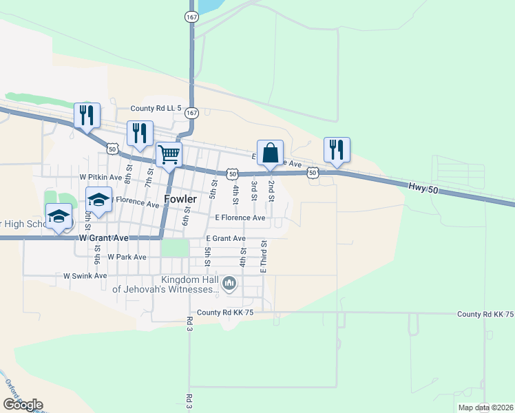map of restaurants, bars, coffee shops, grocery stores, and more near 200-398 3rd St in Fowler