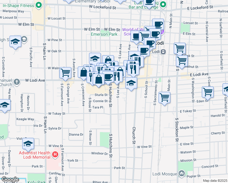 map of restaurants, bars, coffee shops, grocery stores, and more near 418 South Lee Avenue in Lodi