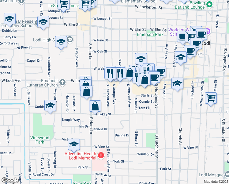 map of restaurants, bars, coffee shops, grocery stores, and more near 400 South Fairmont Avenue in Lodi