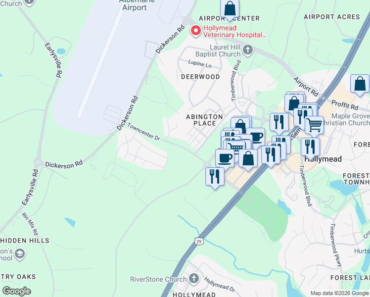 map of restaurants, bars, coffee shops, grocery stores, and more near 2174 Lockwood Drive in Charlottesville