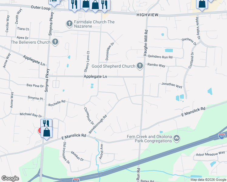map of restaurants, bars, coffee shops, grocery stores, and more near 6816 Spourtland Drive in Louisville