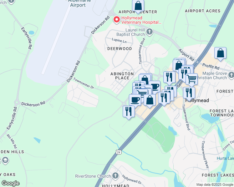 map of restaurants, bars, coffee shops, grocery stores, and more near 2174 Lockwood Drive in Charlottesville