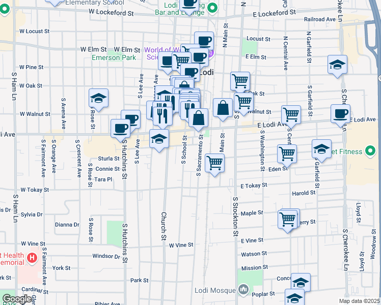 map of restaurants, bars, coffee shops, grocery stores, and more near 408 South School Street in Lodi