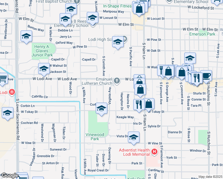 map of restaurants, bars, coffee shops, grocery stores, and more near 430 Virginia Avenue in Lodi