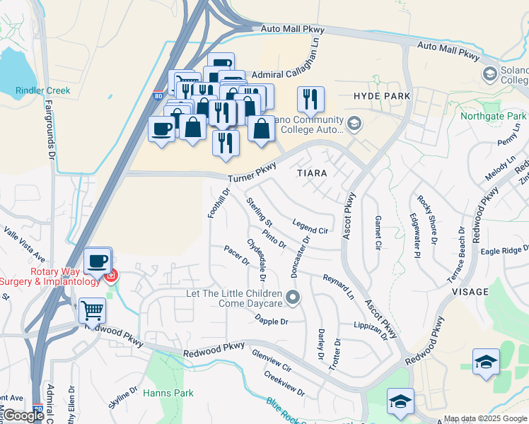 map of restaurants, bars, coffee shops, grocery stores, and more near 1032 Sterling Street in Vallejo