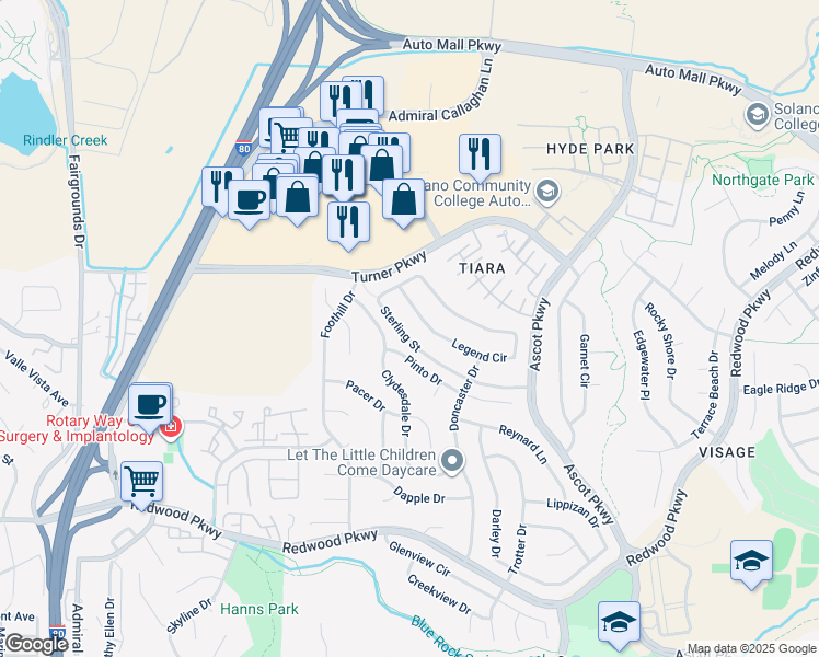 map of restaurants, bars, coffee shops, grocery stores, and more near 1032 Sterling Street in Vallejo