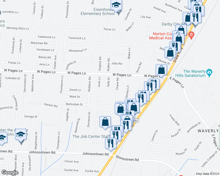map of restaurants, bars, coffee shops, grocery stores, and more near 8501 Sally Drive in Louisville