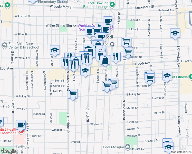 map of restaurants, bars, coffee shops, grocery stores, and more near 414 Church Street in Lodi
