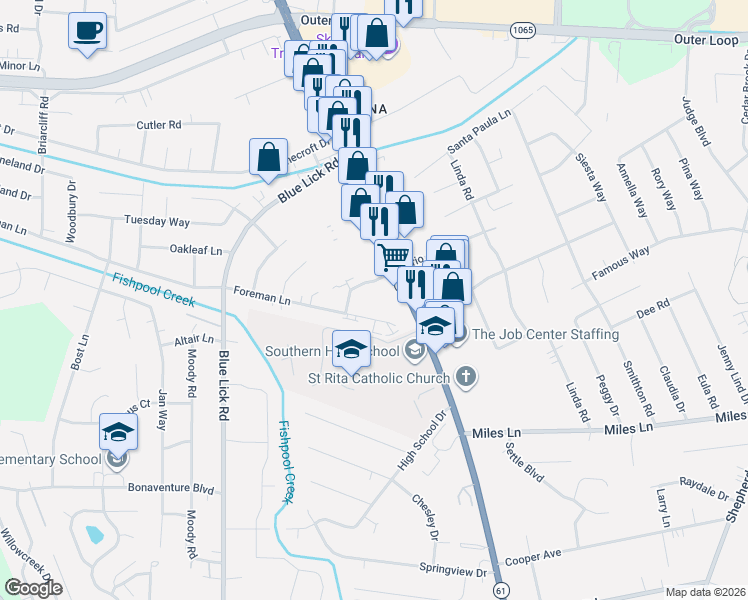 map of restaurants, bars, coffee shops, grocery stores, and more near 4209 Foreman Lane in Louisville
