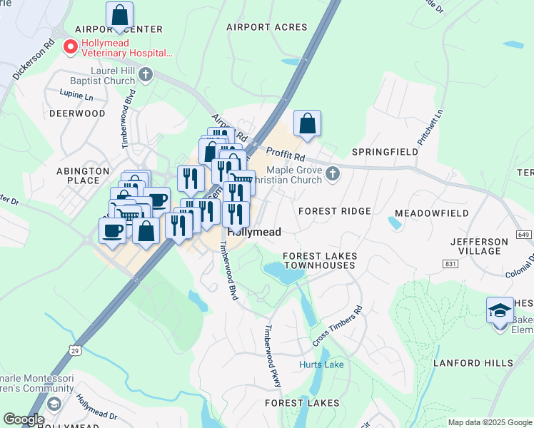 map of restaurants, bars, coffee shops, grocery stores, and more near 3353 Worth Crossing in Charlottesville