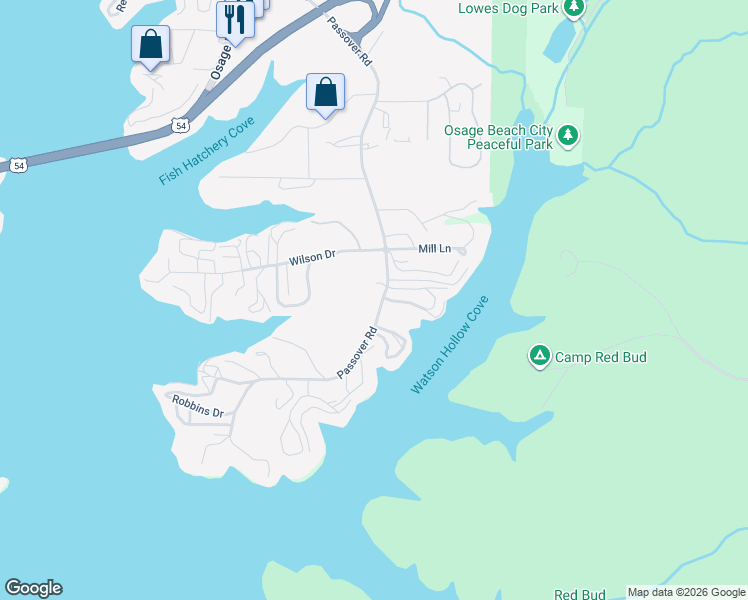map of restaurants, bars, coffee shops, grocery stores, and more near 660-698 Lake Road 54-29 in Osage Beach
