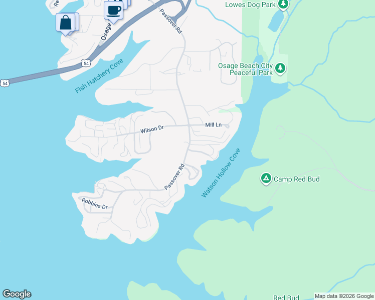map of restaurants, bars, coffee shops, grocery stores, and more near 698 Passover Road in Osage Beach