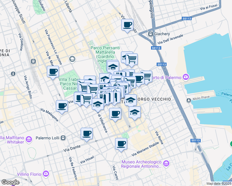 map of restaurants, bars, coffee shops, grocery stores, and more near 5 Via della Libertà in Palermo