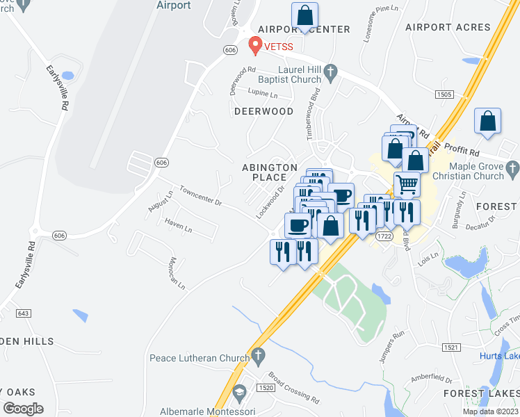 map of restaurants, bars, coffee shops, grocery stores, and more near 2168 Lockwood Drive in Charlottesville