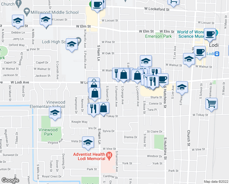 map of restaurants, bars, coffee shops, grocery stores, and more near 321 South Fairmont Avenue in Lodi