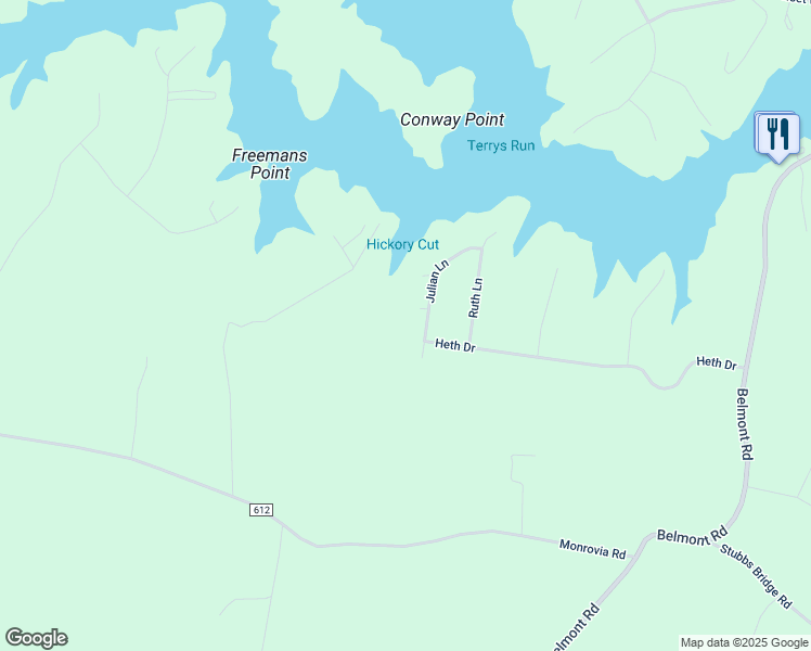 map of restaurants, bars, coffee shops, grocery stores, and more near 6208 Julian Lane in Mineral