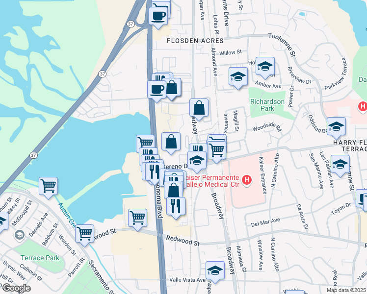 map of restaurants, bars, coffee shops, grocery stores, and more near 750 Sereno Drive in Vallejo