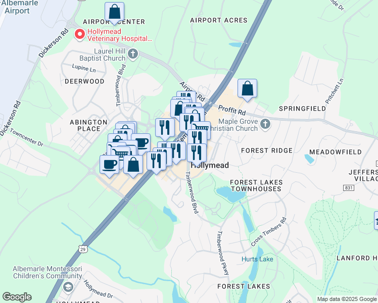 map of restaurants, bars, coffee shops, grocery stores, and more near 1762 Timberwood Boulevard in Charlottesville