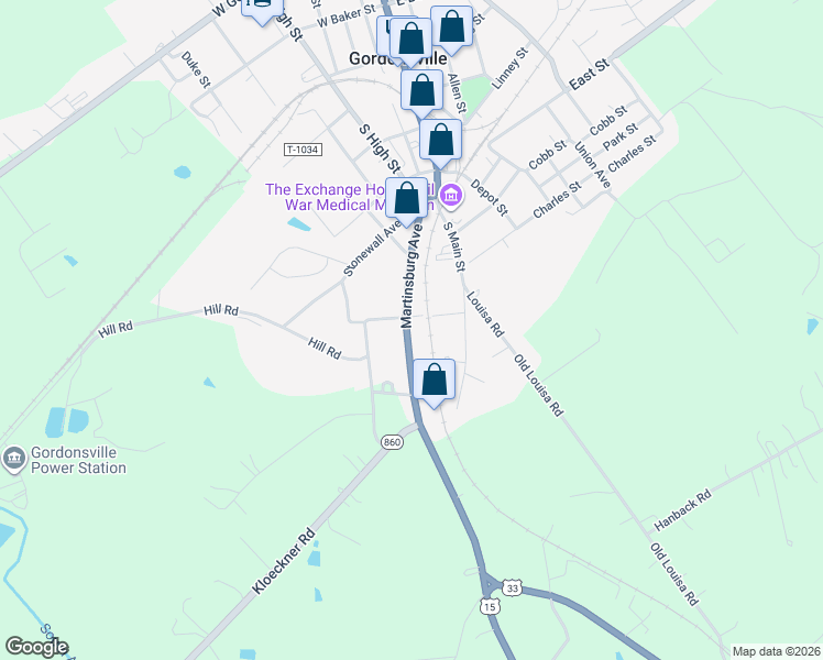 map of restaurants, bars, coffee shops, grocery stores, and more near 207 Martinsburg Avenue in Gordonsville