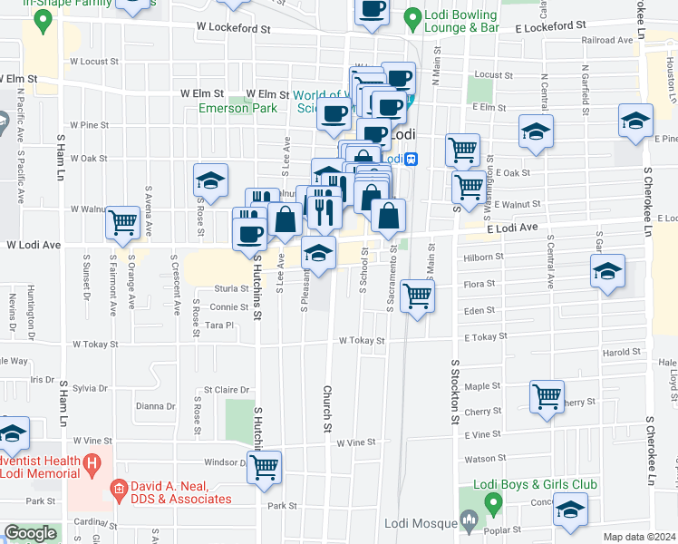 map of restaurants, bars, coffee shops, grocery stores, and more near 124 Chestnut Street in Lodi