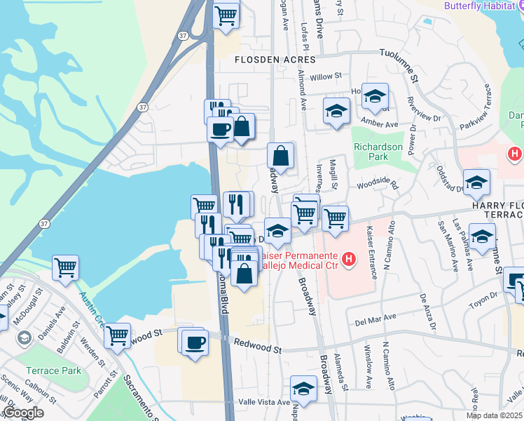 map of restaurants, bars, coffee shops, grocery stores, and more near 750 Sereno Drive in Vallejo