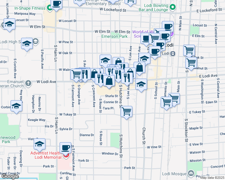 map of restaurants, bars, coffee shops, grocery stores, and more near 520 West Lodi Avenue in Lodi