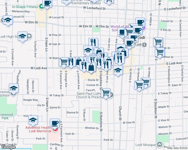 map of restaurants, bars, coffee shops, grocery stores, and more near 520 West Lodi Avenue in Lodi