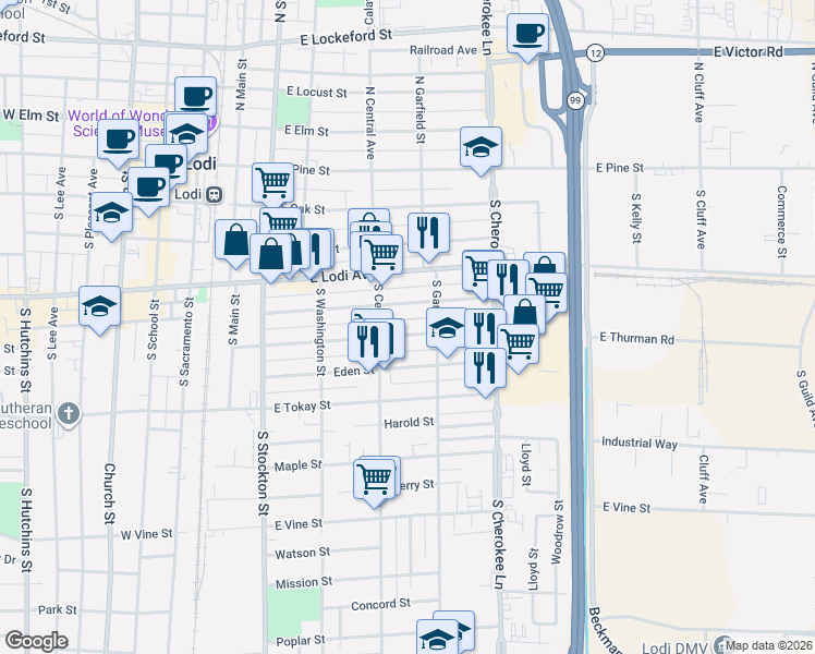 map of restaurants, bars, coffee shops, grocery stores, and more near 412 Flora Street in Lodi