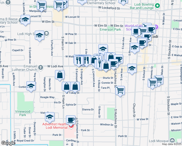 map of restaurants, bars, coffee shops, grocery stores, and more near 900 Elliot Place in Lodi
