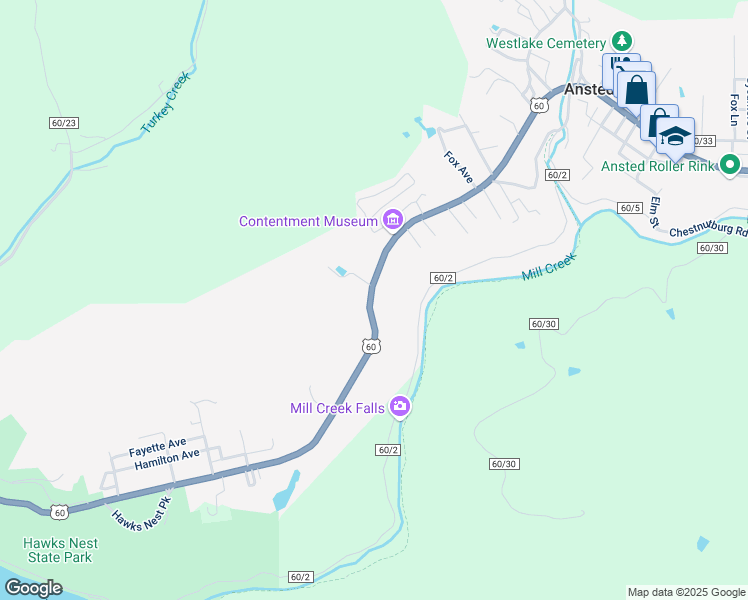 map of restaurants, bars, coffee shops, grocery stores, and more near 19117 Midland Trail in Ansted