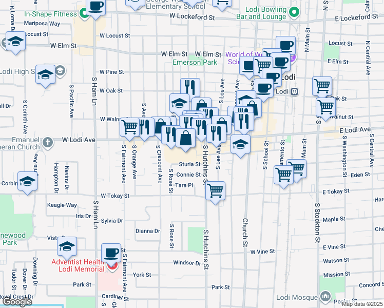 map of restaurants, bars, coffee shops, grocery stores, and more near 507 Sturla Street in Lodi