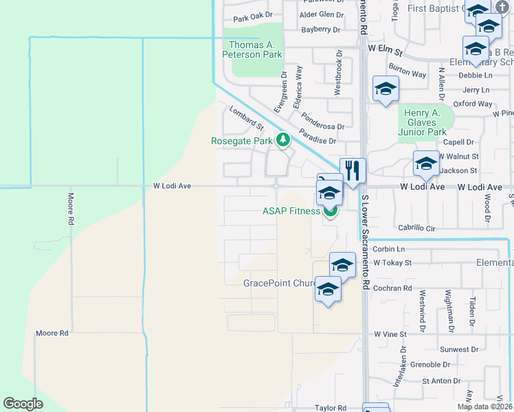 map of restaurants, bars, coffee shops, grocery stores, and more near 3020 Radiance Street in Lodi