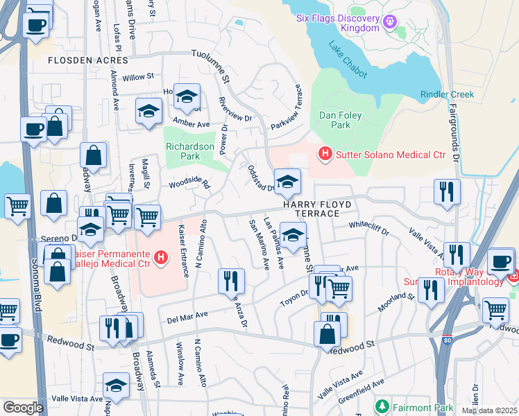 map of restaurants, bars, coffee shops, grocery stores, and more near 1214 Sereno Drive in Vallejo