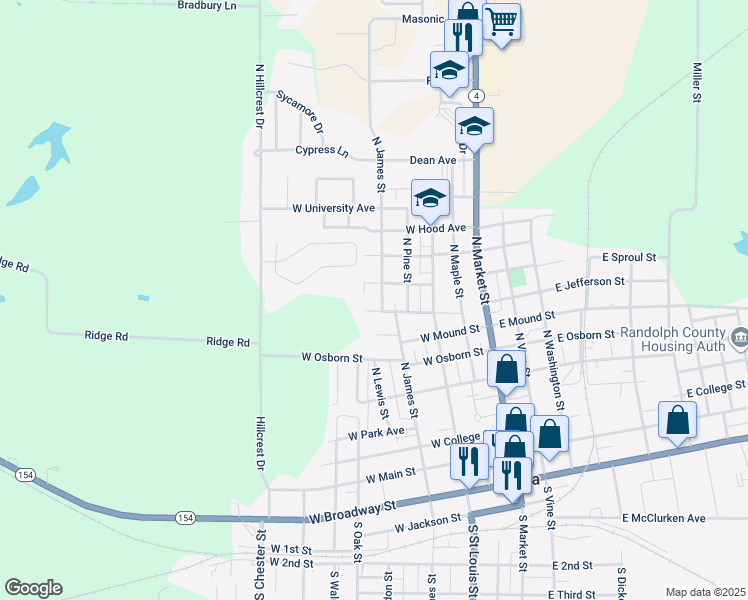 map of restaurants, bars, coffee shops, grocery stores, and more near 404 West Madison Street in Sparta