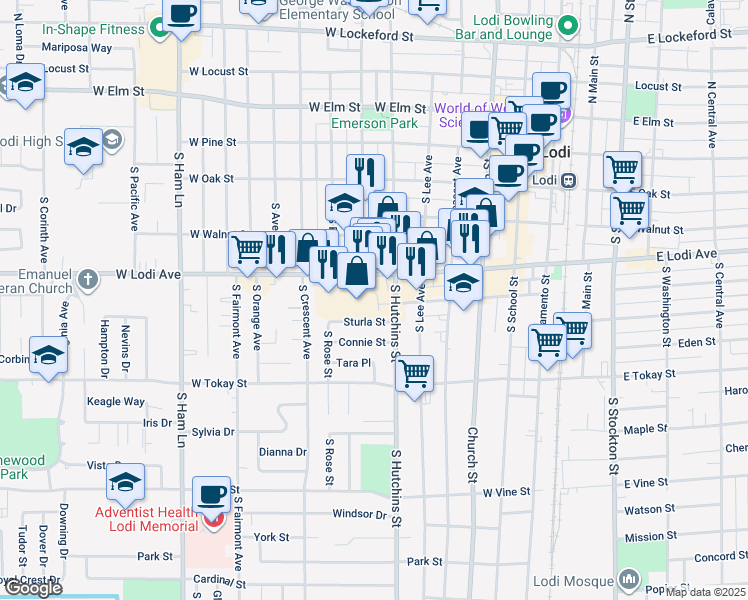 map of restaurants, bars, coffee shops, grocery stores, and more near 520 West Lodi Avenue in Lodi