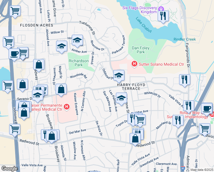 map of restaurants, bars, coffee shops, grocery stores, and more near 1214 Sereno Drive in Vallejo