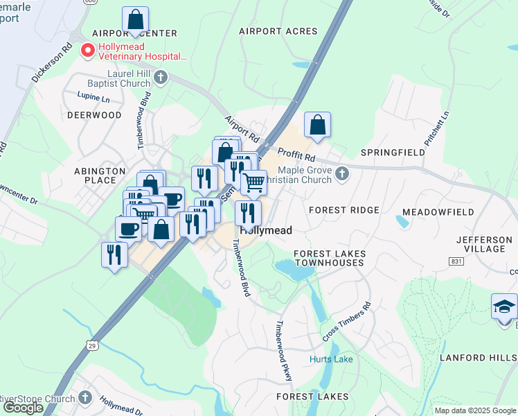 map of restaurants, bars, coffee shops, grocery stores, and more near 1740 Timberwood Boulevard in Charlottesville