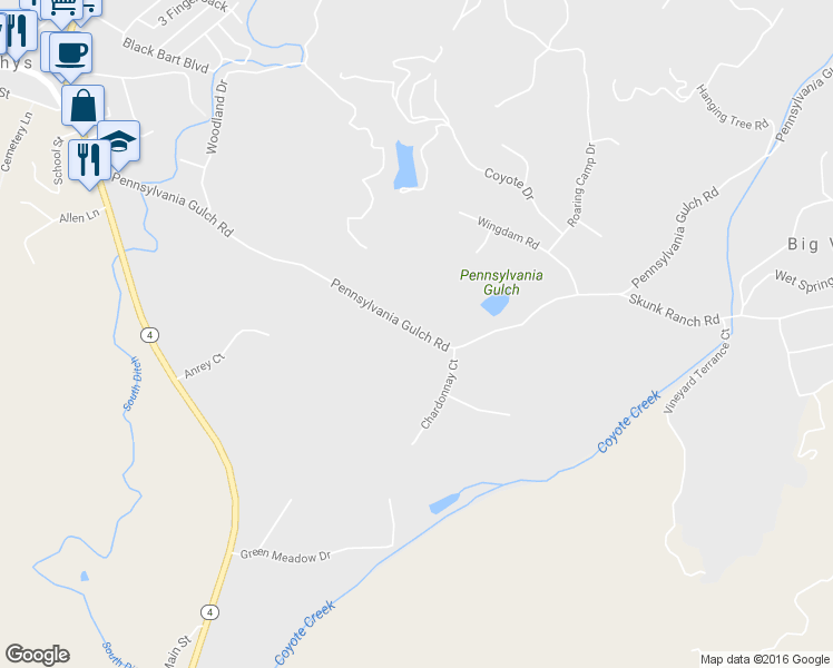 map of restaurants, bars, coffee shops, grocery stores, and more near 806 Pennsylvania Gulch Road in Murphys