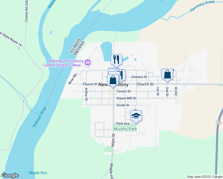 map of restaurants, bars, coffee shops, grocery stores, and more near 419 Tavern Street in New Harmony