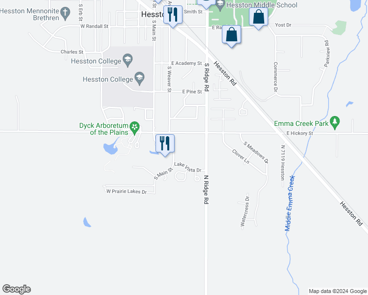 map of restaurants, bars, coffee shops, grocery stores, and more near 530 S Main St in Hesston