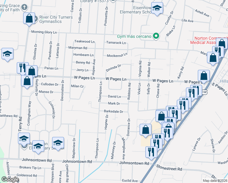 map of restaurants, bars, coffee shops, grocery stores, and more near 5624 David Lane in Louisville