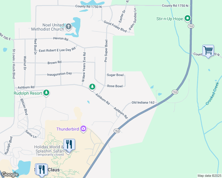 map of restaurants, bars, coffee shops, grocery stores, and more near Ashburn Road in Santa Claus