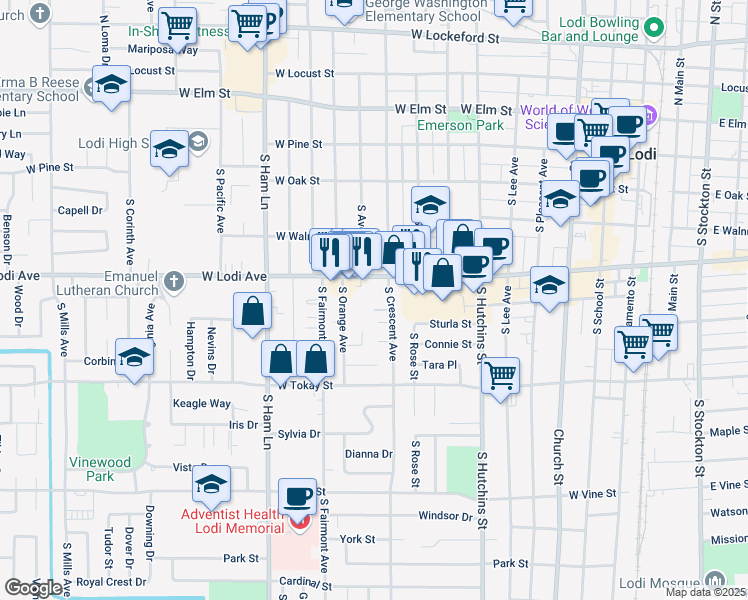 map of restaurants, bars, coffee shops, grocery stores, and more near 315 South Crescent Avenue in Lodi