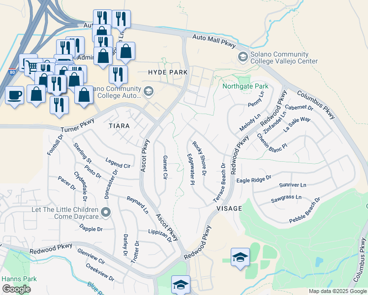 map of restaurants, bars, coffee shops, grocery stores, and more near 3451 Edgewater Place in Vallejo