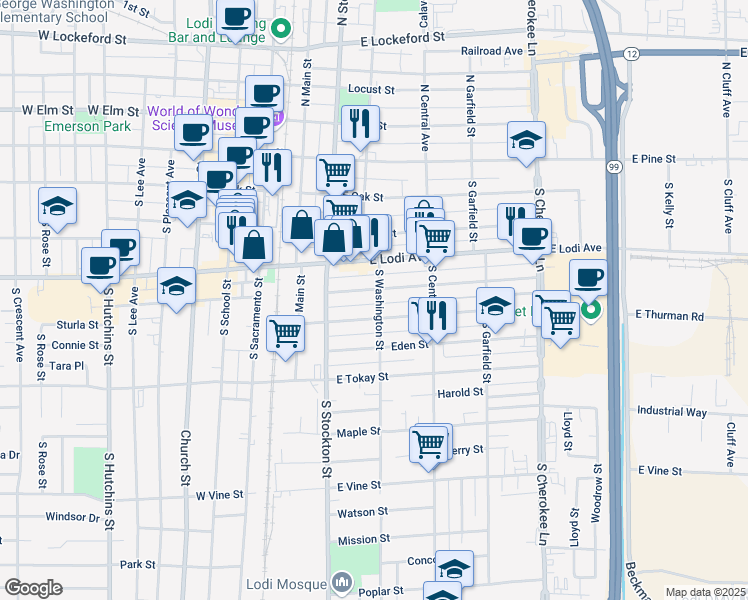 map of restaurants, bars, coffee shops, grocery stores, and more near 501 South Washington Street in Lodi