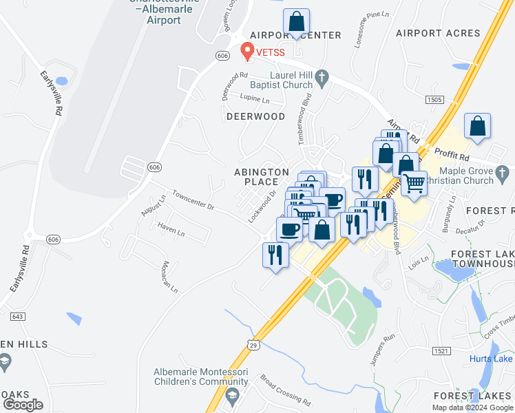 map of restaurants, bars, coffee shops, grocery stores, and more near 2142 Lockwood Drive in Charlottesville