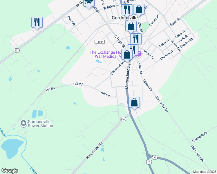 map of restaurants, bars, coffee shops, grocery stores, and more near 107 Holladay Avenue in Gordonsville