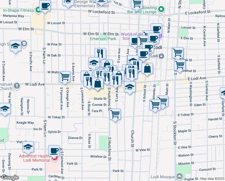 map of restaurants, bars, coffee shops, grocery stores, and more near 330 West Lodi Avenue in Lodi